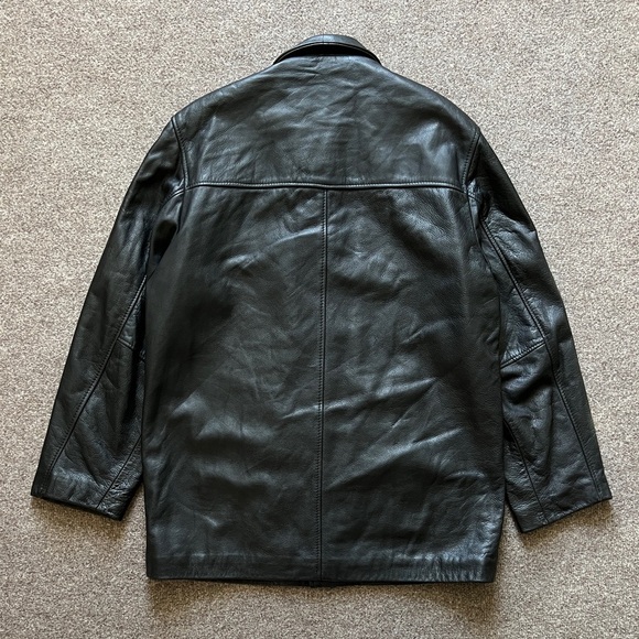 Vintage Black Genuine Leather Button Front Jacket Men’s S Heavyweight Coat 90s - Picture 2 of 14